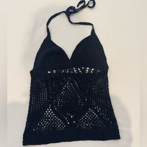 Black, BCBG, crocheted halter top in size M